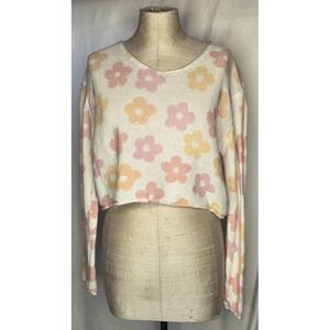 Ring Street Designs Cropped Woven Sweater Long Sleeve, Sz S, Beige W/pastel Flow